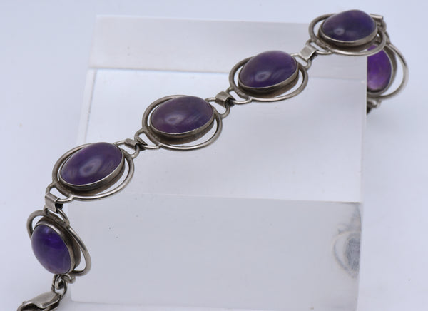 Vintage Handmade Sterling Silver Amethyst Cabochons Bracelet - 8"