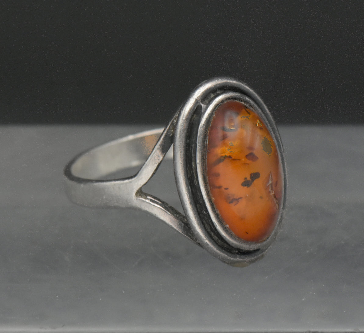 Vintage Sterling Silver and Amber Ring - Size 7.75