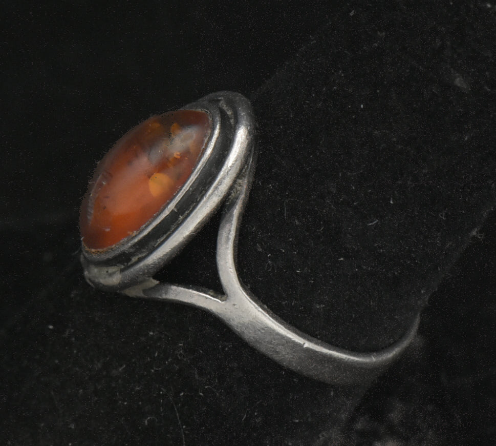 Vintage Sterling Silver and Amber Ring - Size 7.75