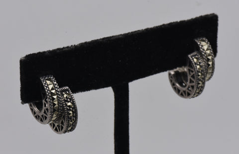 Vintage Sterling Silver and Marcasite Double 3/4 Hoop Earrings