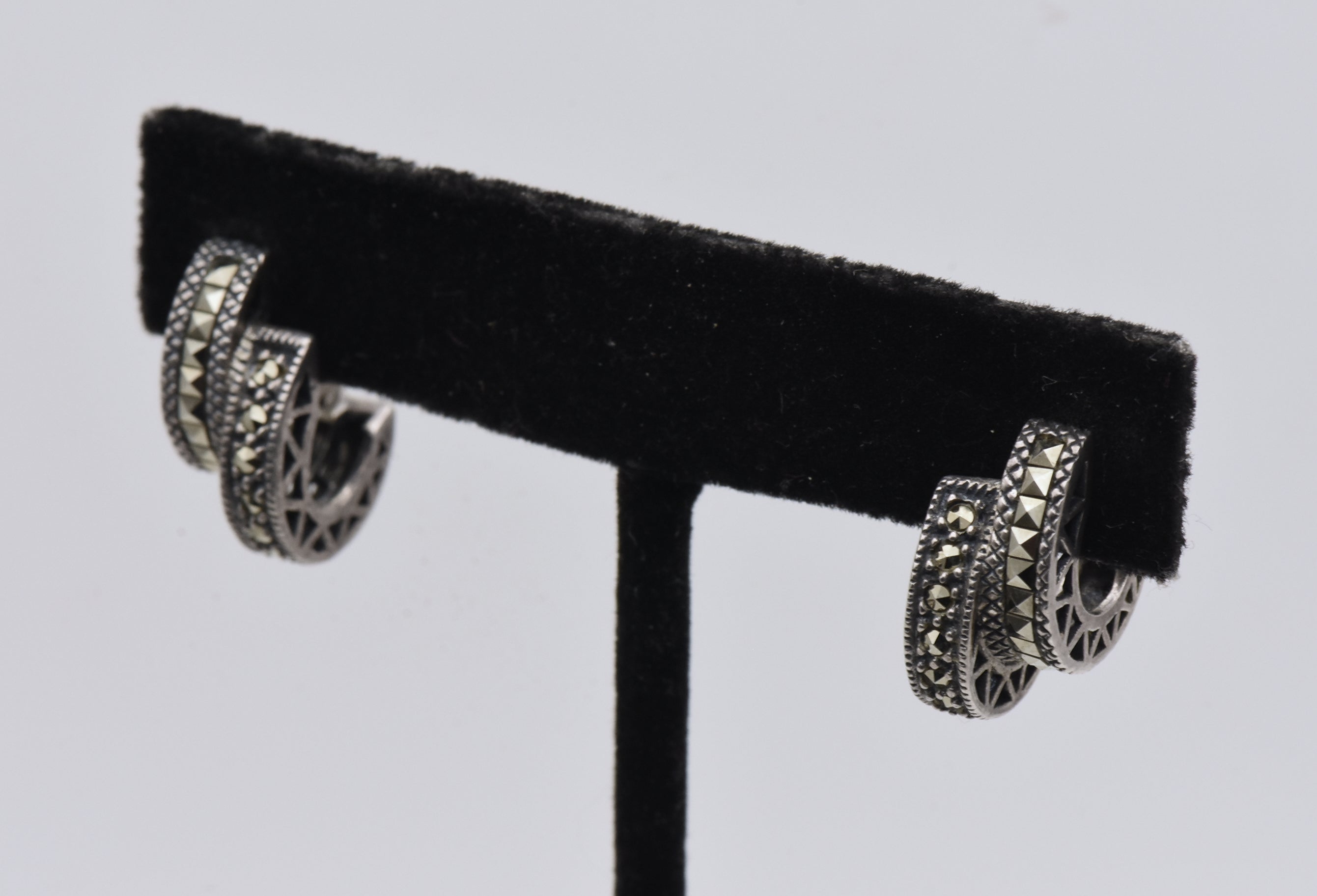 Vintage Sterling Silver and Marcasite Double 3/4 Hoop Earrings