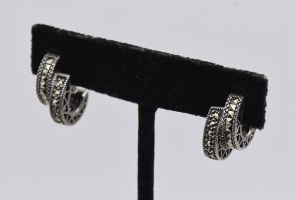 Vintage Sterling Silver and Marcasite Double 3/4 Hoop Earrings