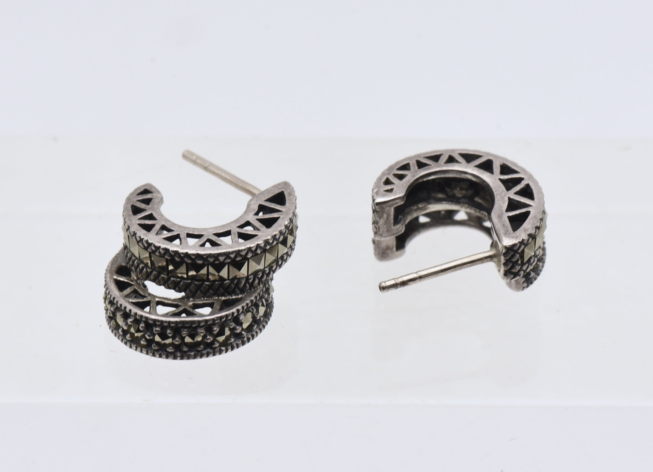 Vintage Sterling Silver and Marcasite Double 3/4 Hoop Earrings