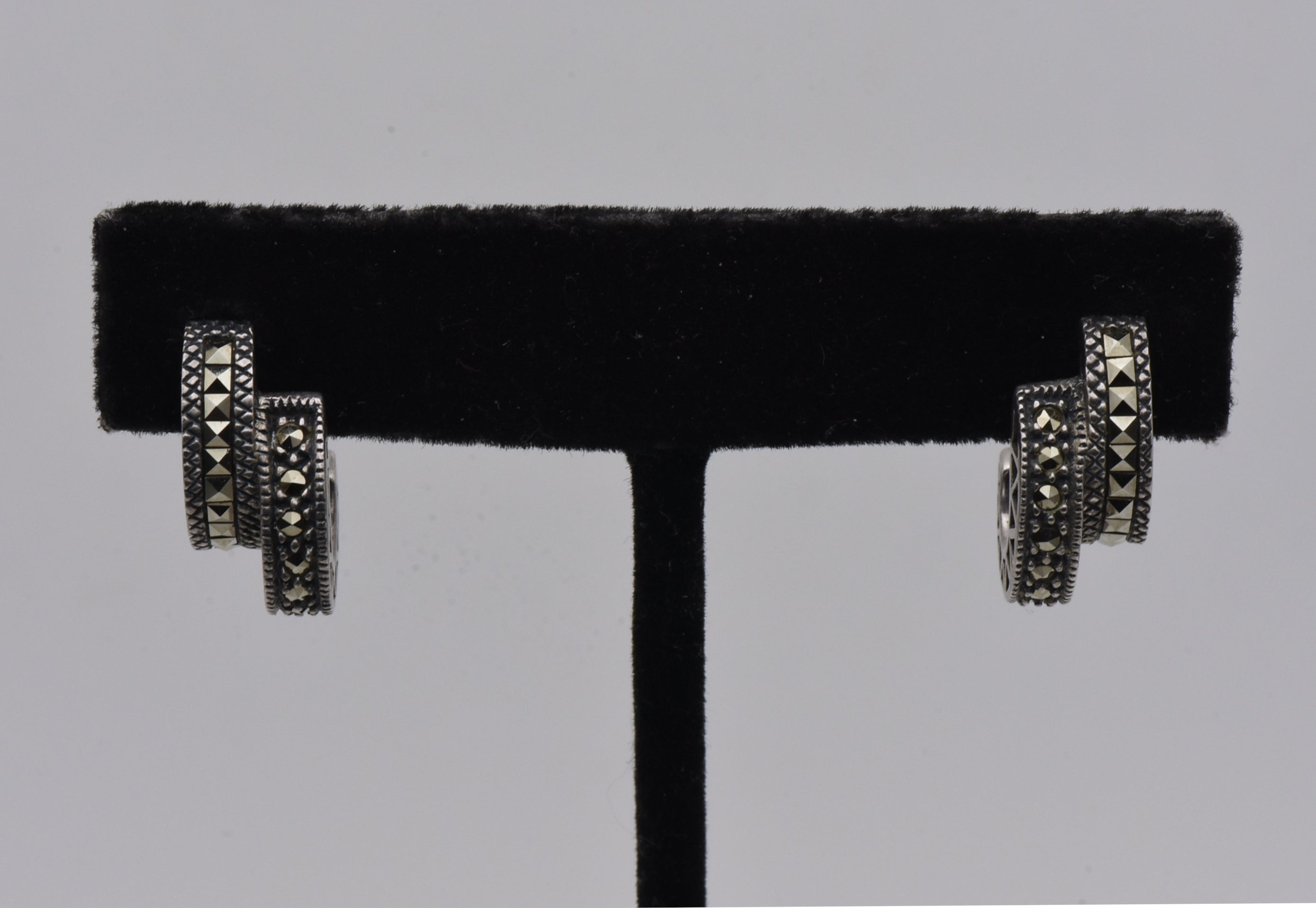 Vintage Sterling Silver and Marcasite Double 3/4 Hoop Earrings