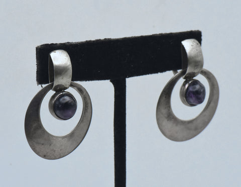 Vintage Handmade Modernist Amethyst and Silver Screw Back Earrings