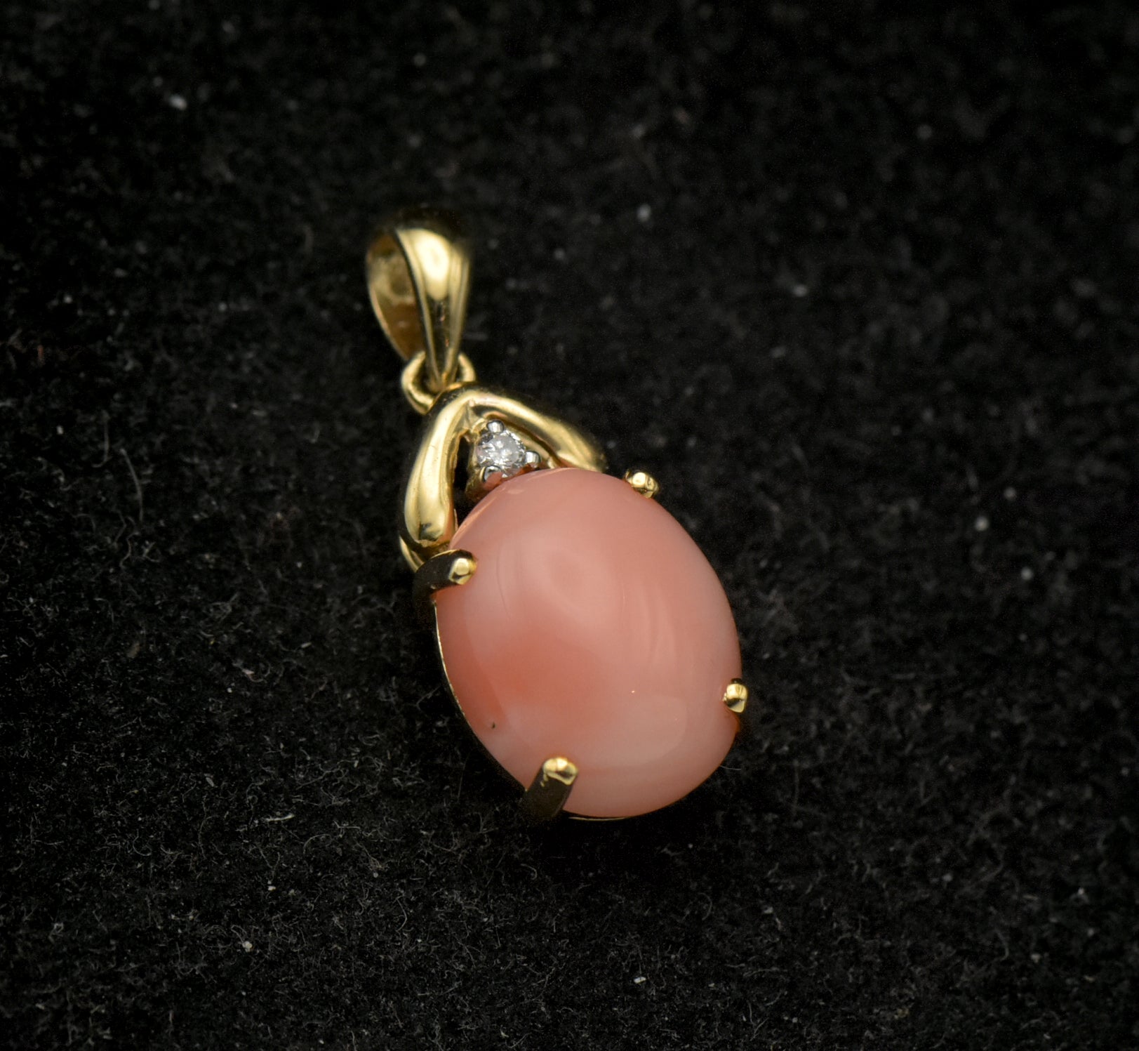 Vintage 14k Angel Skin Coral and Diamond Pendant