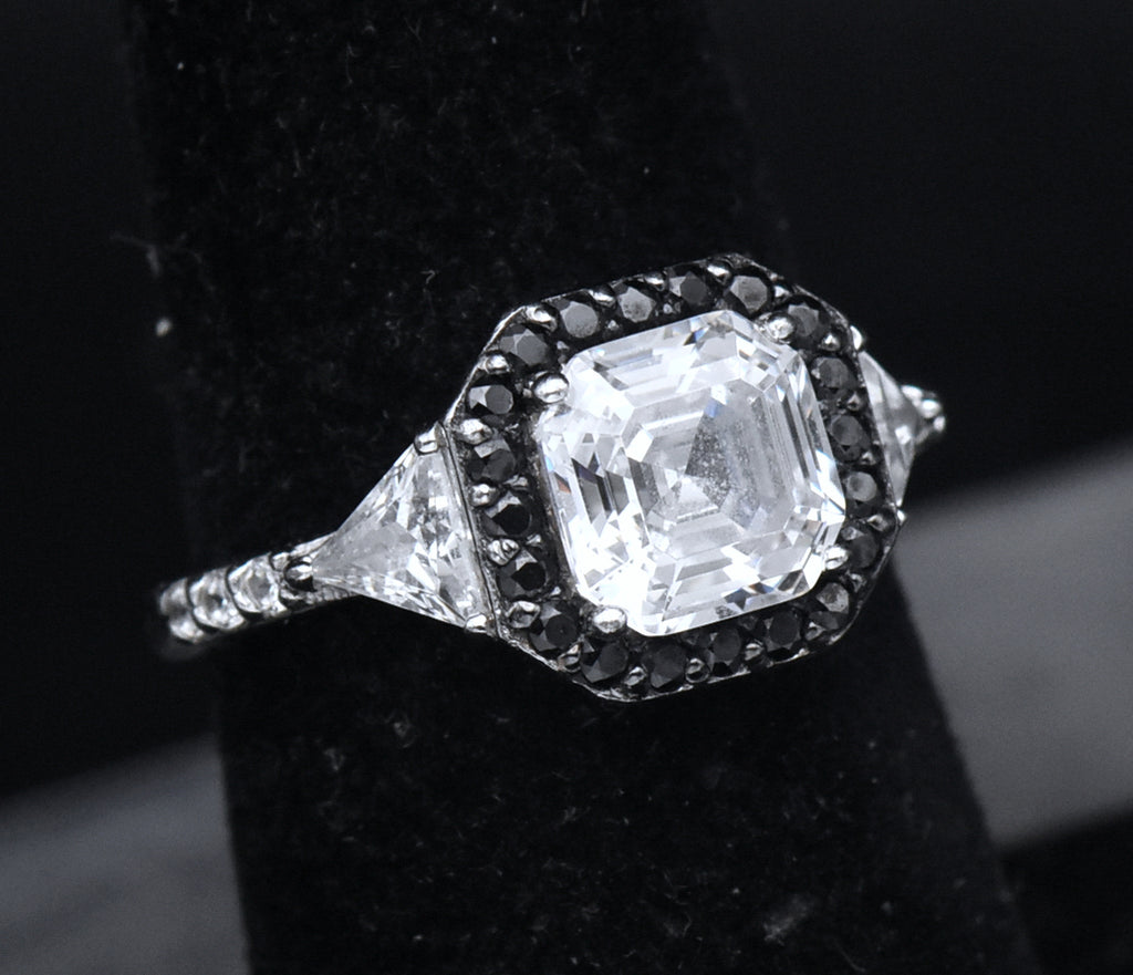 Sterling Silver Black and Colorless Asscher CZ Ring - Size 6.25