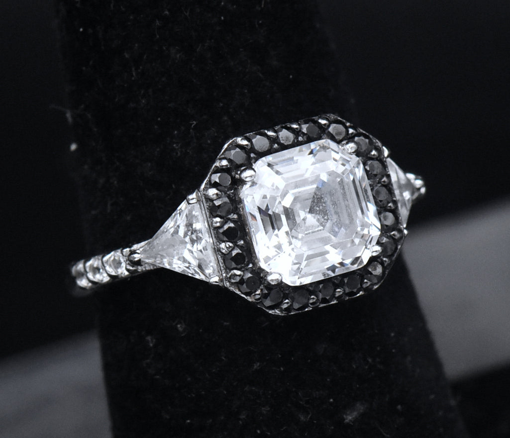 Sterling Silver Black and Colorless Asscher CZ Ring - Size 6.25