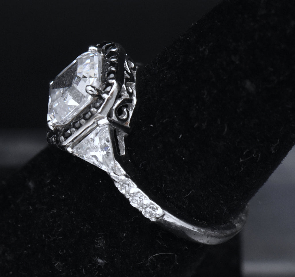 Sterling Silver Black and Colorless Asscher CZ Ring - Size 6.25