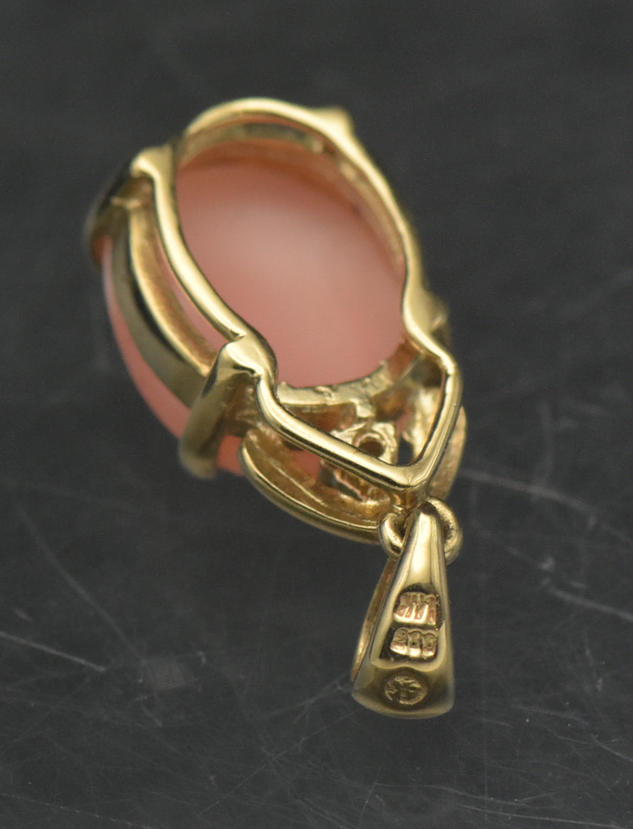 Vintage 14k Angel Skin Coral and Diamond Pendant