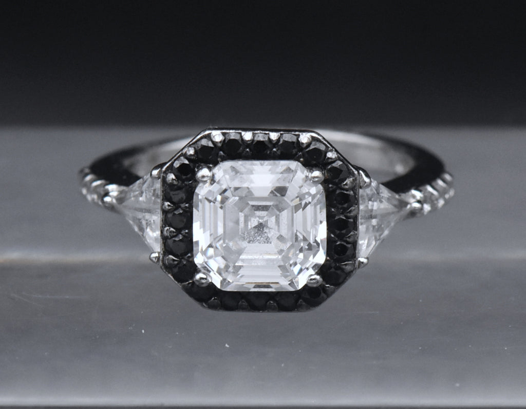 Sterling Silver Black and Colorless Asscher CZ Ring - Size 6.25