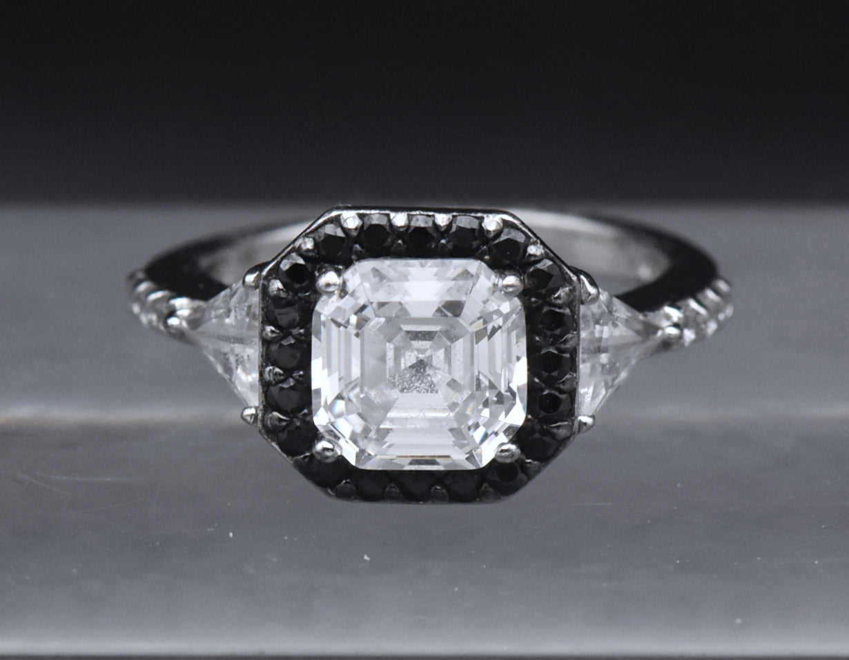 Sterling Silver Black and Colorless Asscher CZ Ring - Size 6.25