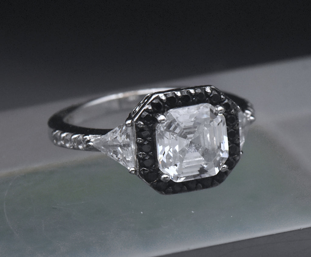 Sterling Silver Black and Colorless Asscher CZ Ring - Size 6.25