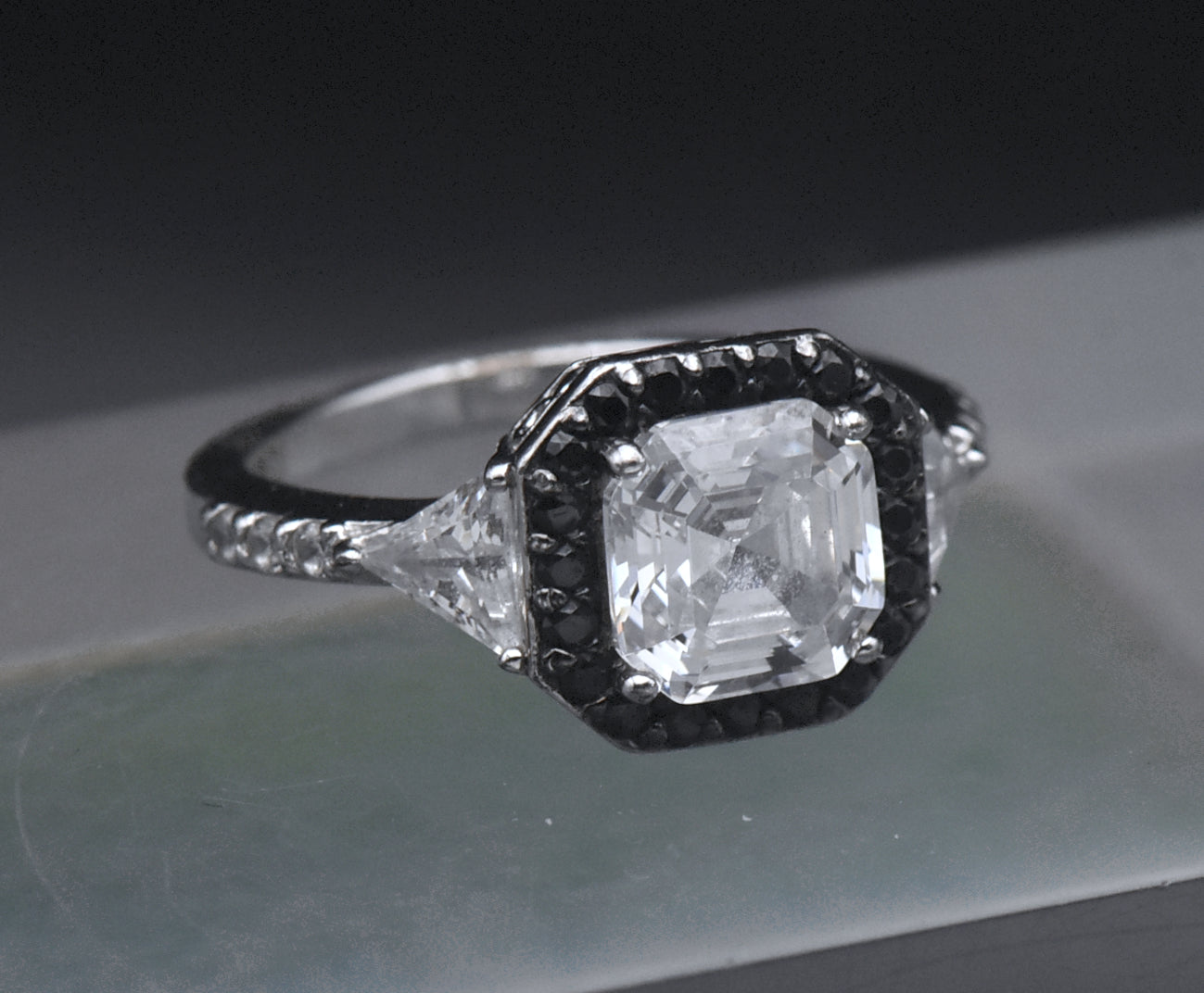 Sterling Silver Black and Colorless Asscher CZ Ring - Size 6.25