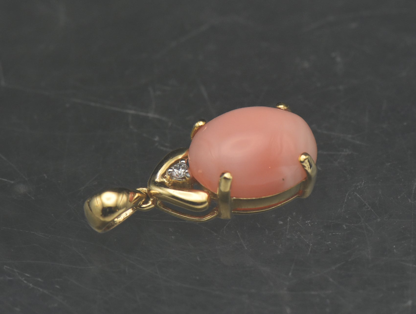 Vintage 14k Angel Skin Coral and Diamond Pendant