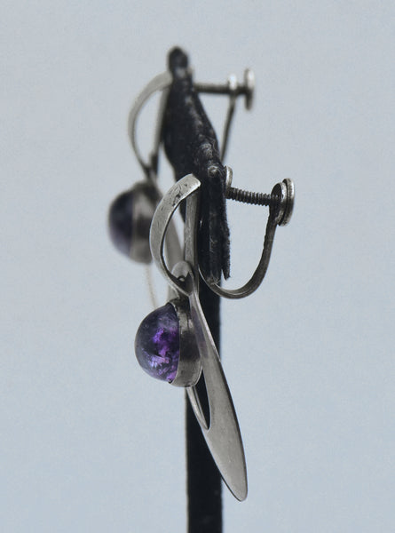 Vintage Handmade Modernist Amethyst and Silver Screw Back Earrings