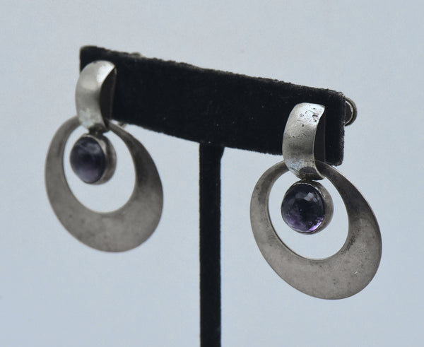 Vintage Handmade Modernist Amethyst and Silver Screw Back Earrings