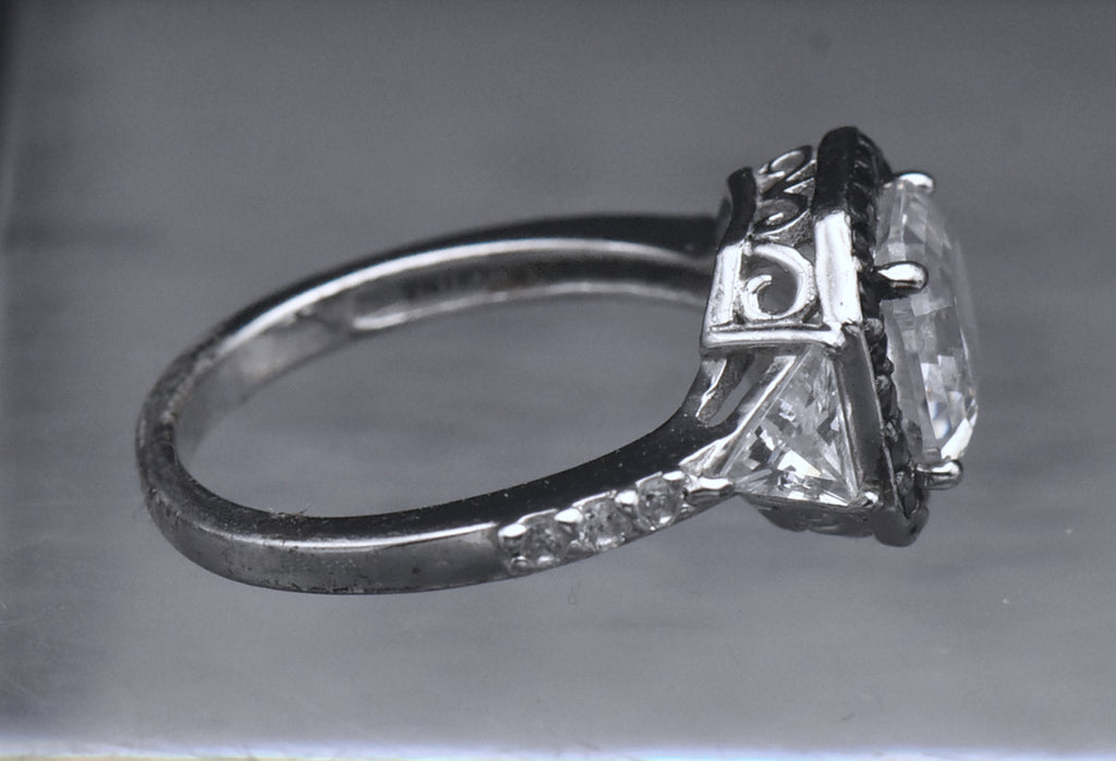 Sterling Silver Black and Colorless Asscher CZ Ring - Size 6.25