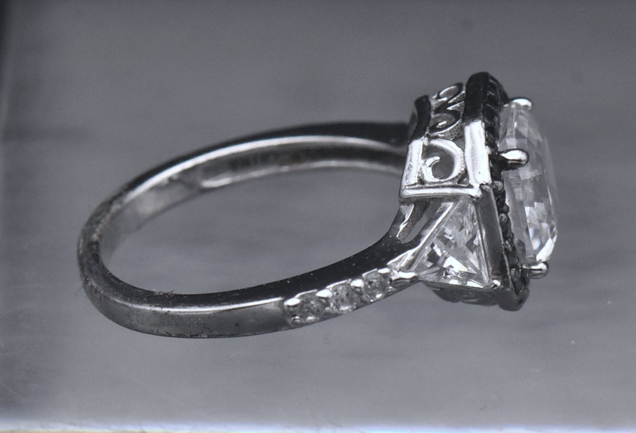 Sterling Silver Black and Colorless Asscher CZ Ring - Size 6.25