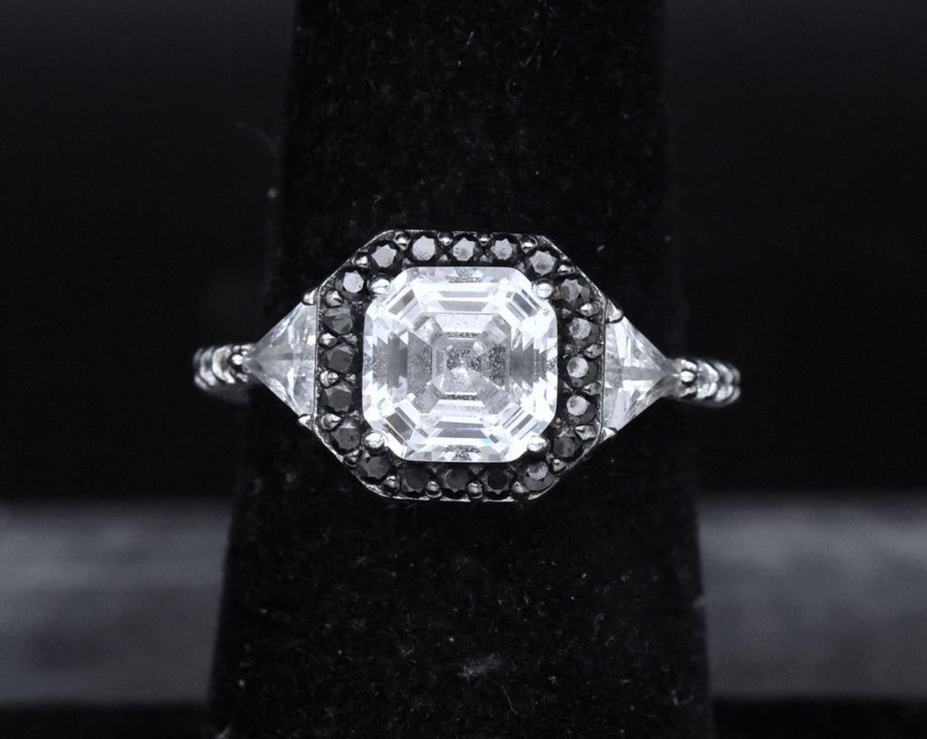 Sterling Silver Black and Colorless Asscher CZ Ring - Size 6.25