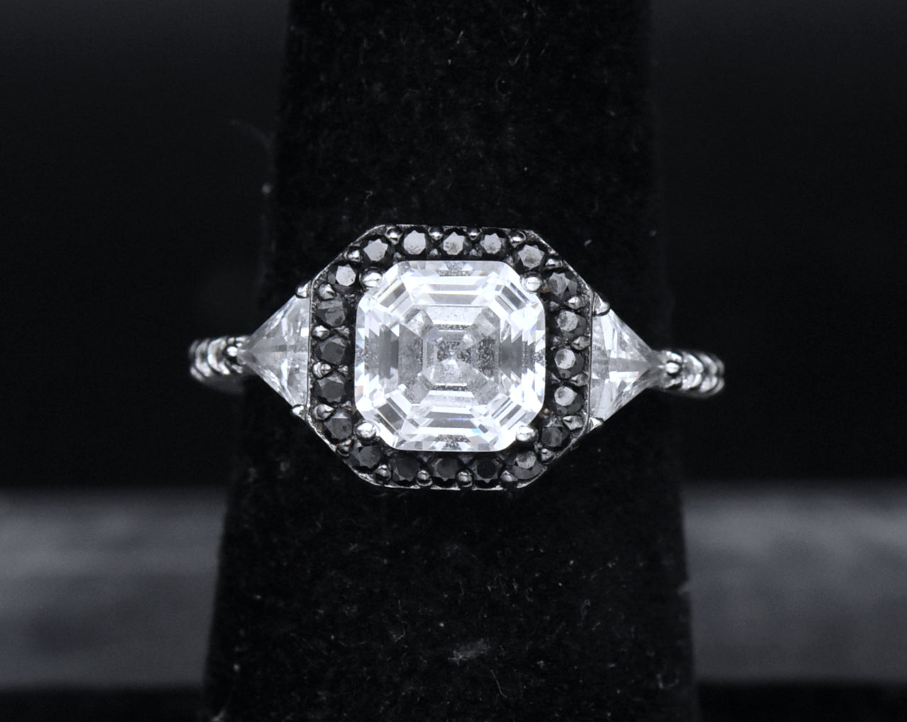 Sterling Silver Black and Colorless Asscher CZ Ring - Size 6.25