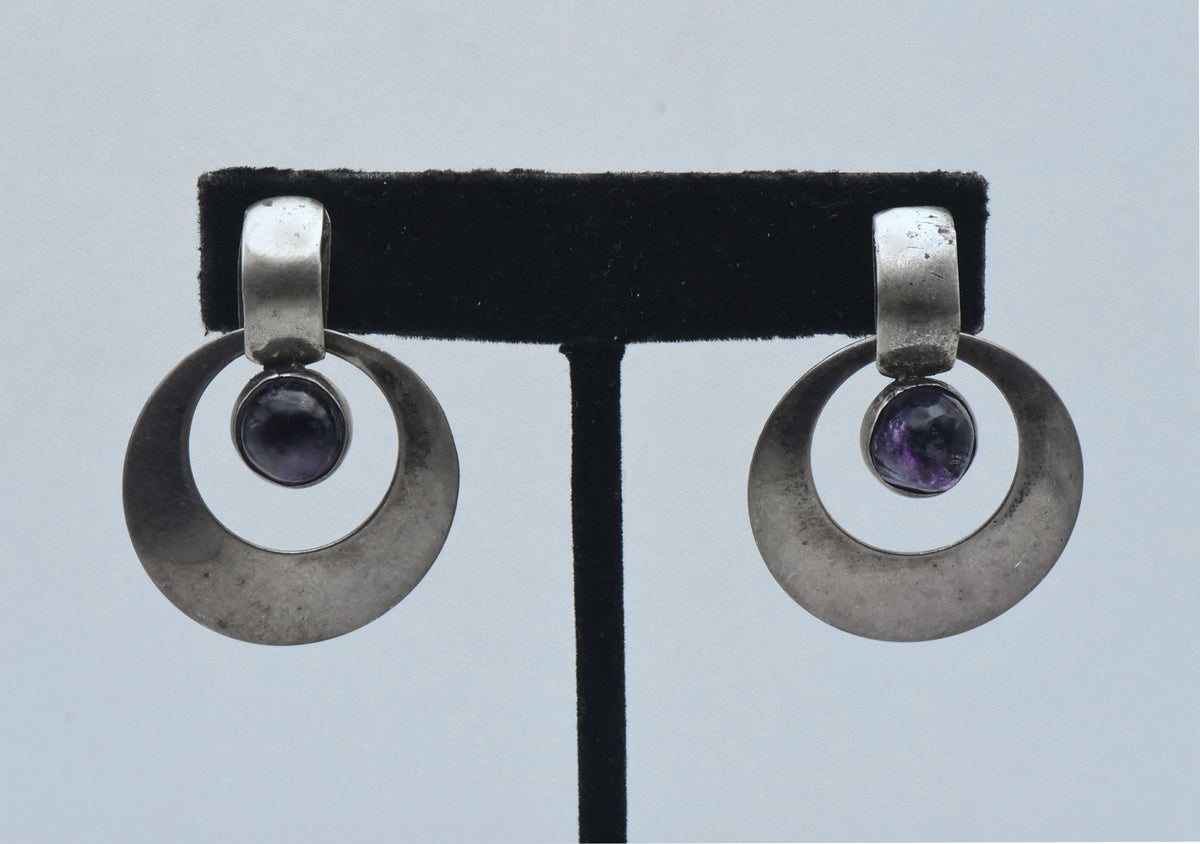 Vintage Handmade Modernist Amethyst and Silver Screw Back Earrings
