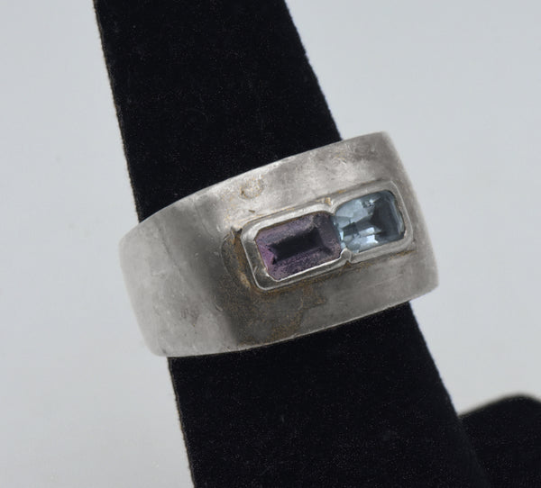 Vintage Blue Topaz and Amethyst Sterling Silver Ring - Size 5.75