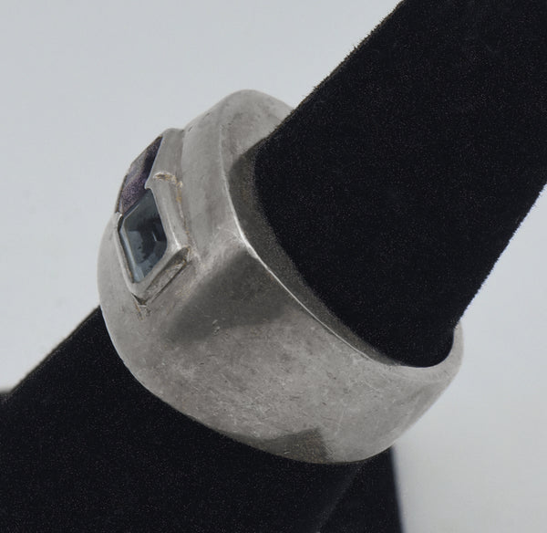 Vintage Blue Topaz and Amethyst Sterling Silver Ring - Size 5.75