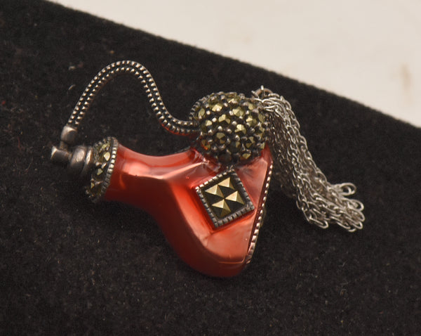 Judith Jack - Vintage Sterling Silver Enamel and Marcasite Perfume Atomizer Brooch