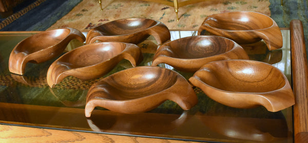Vintage Hand Carved Monkey Pod Wood Salad Bowl Set