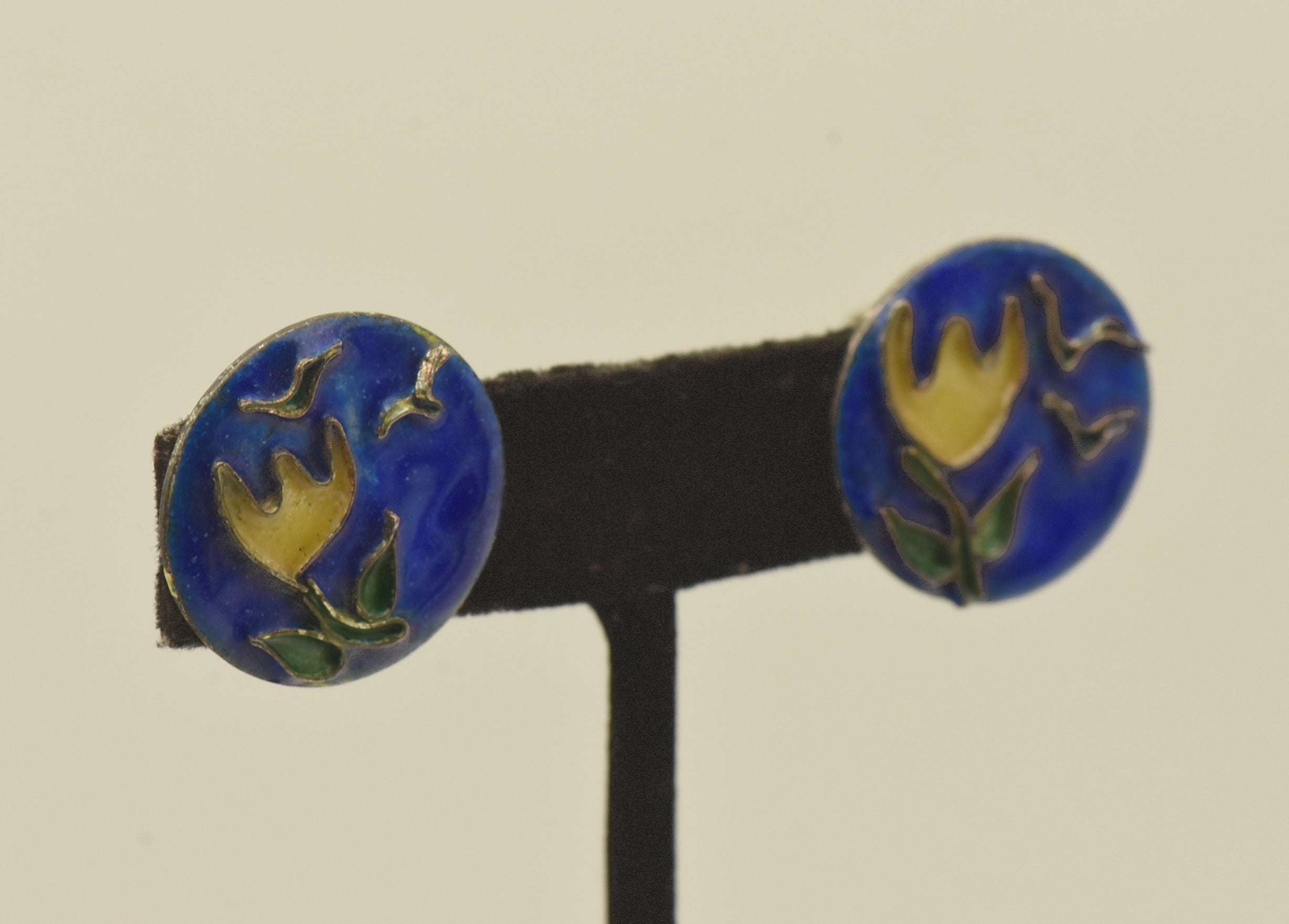 Vintage Enamel Floral and Bird Screw Back Earrings