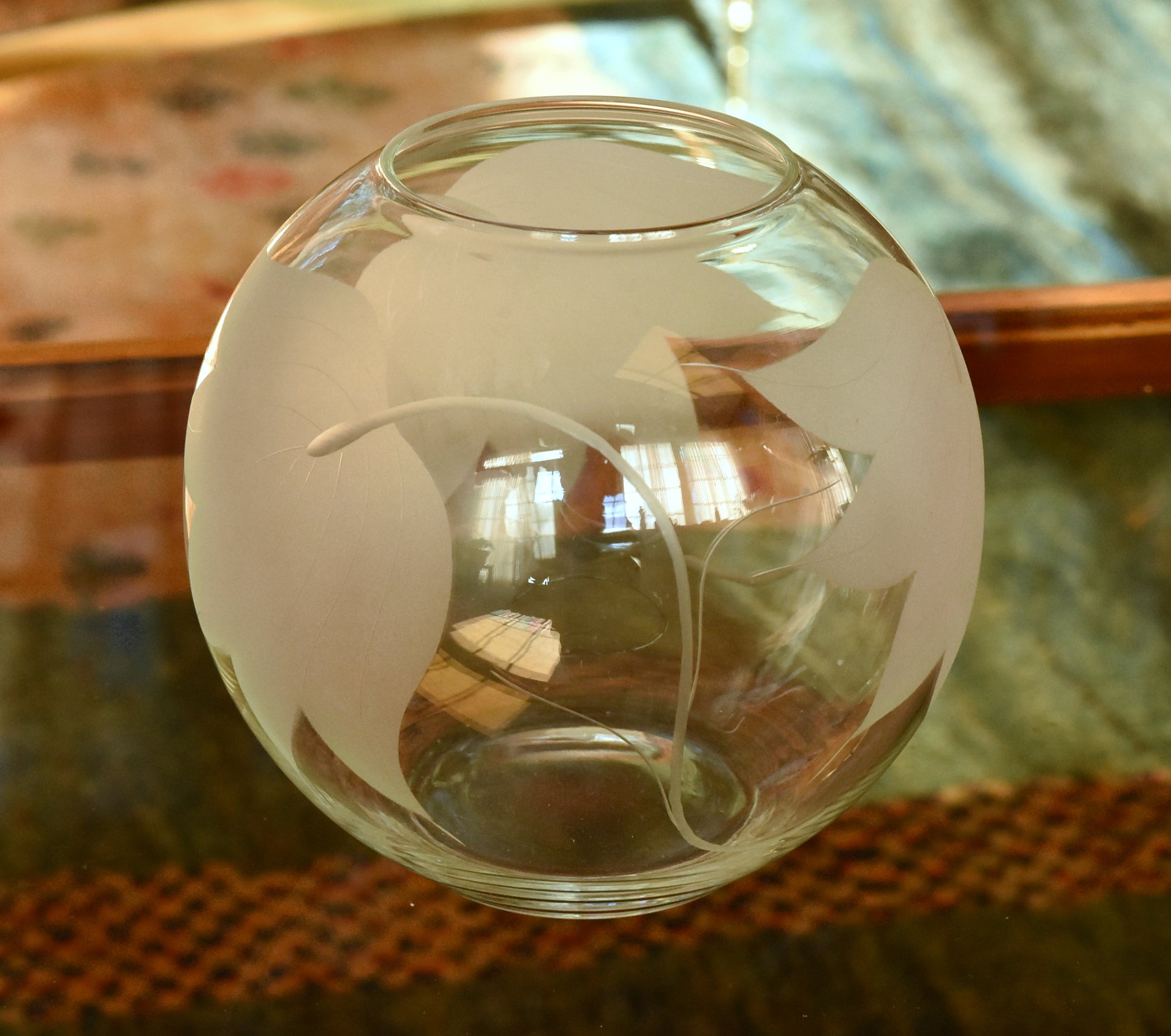 Vintage Glass Bowl Frosted Lotus Flower Design