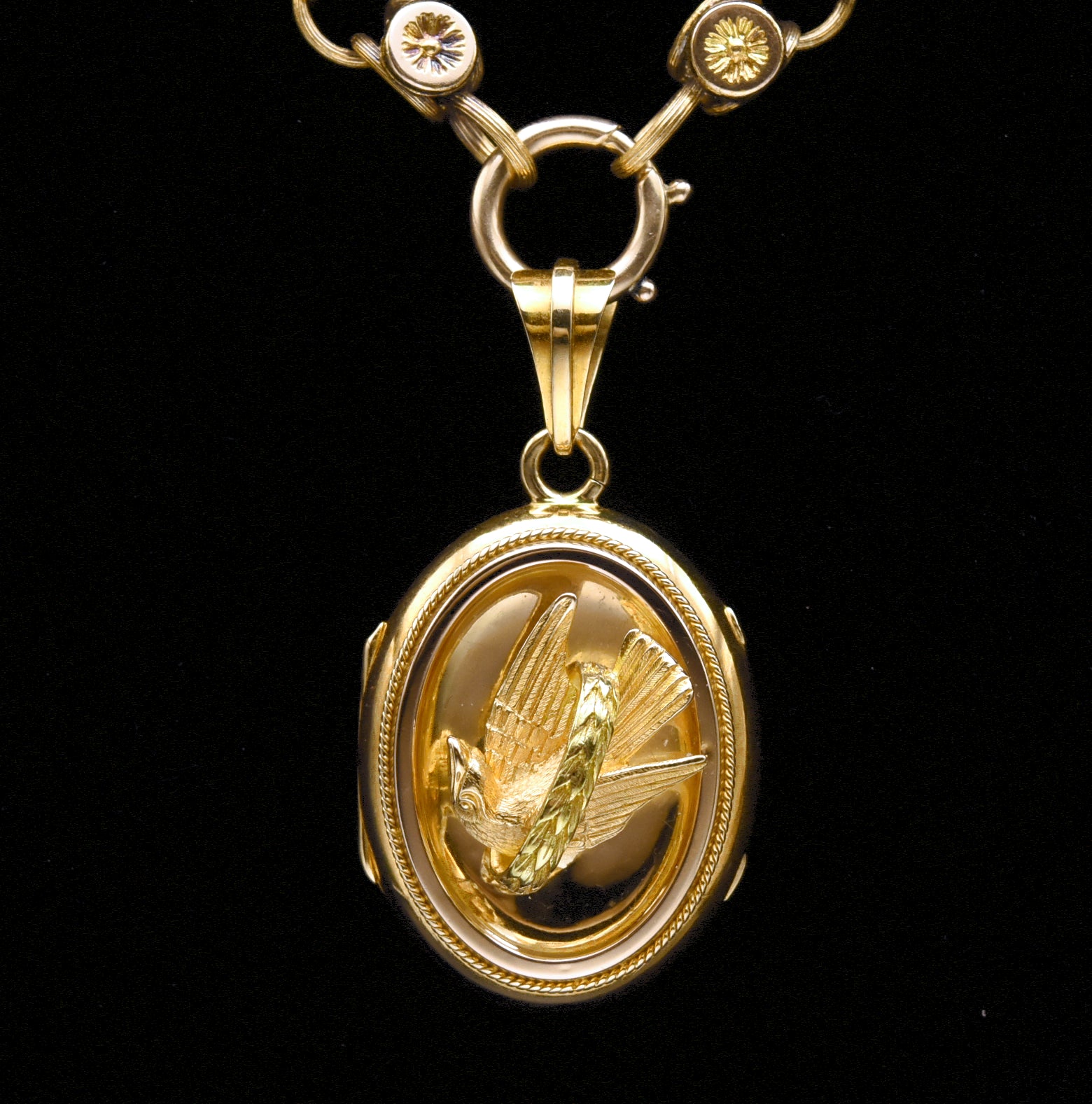 Antique 18k Gold Dove Locket on 18k Chain Necklace - 19.25"