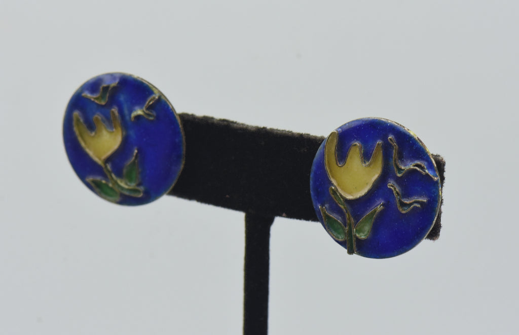 Vintage Enamel Floral and Bird Screw Back Earrings