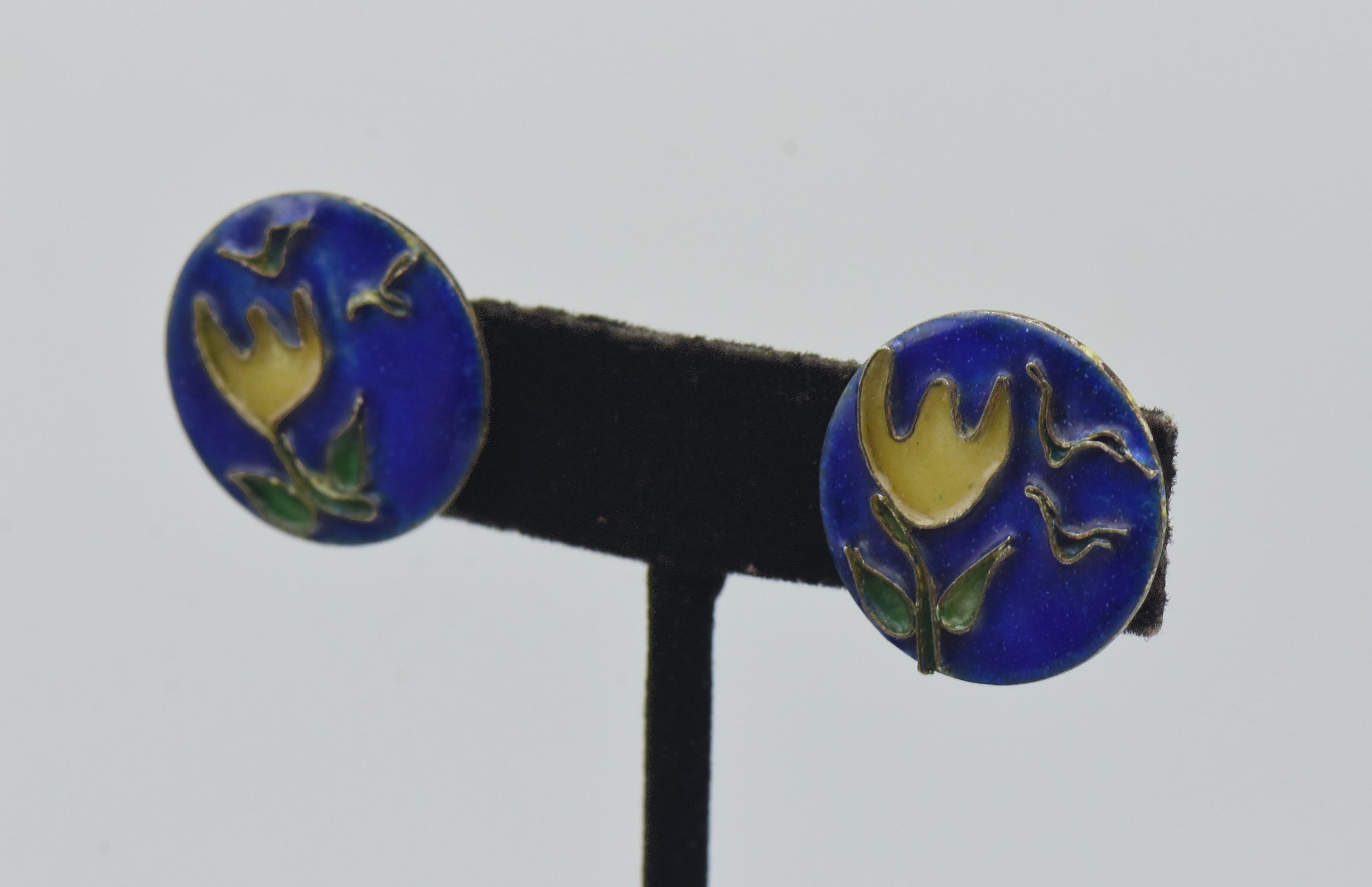 Vintage Enamel Floral and Bird Screw Back Earrings