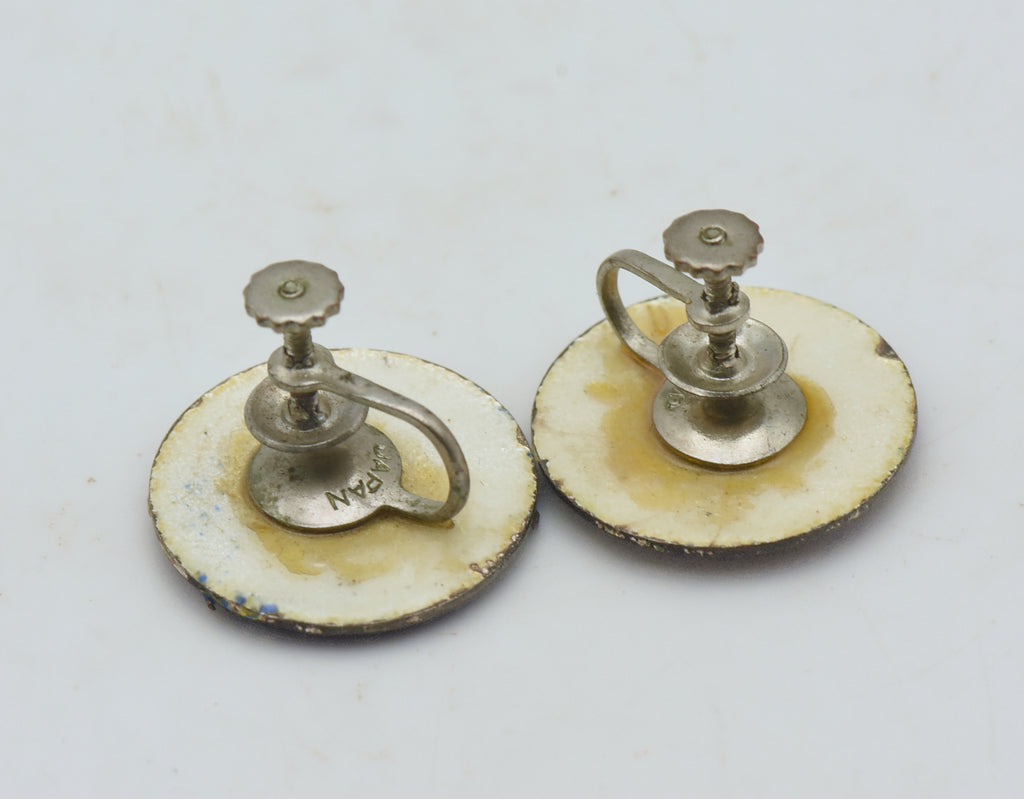 Vintage Enamel Floral and Bird Screw Back Earrings