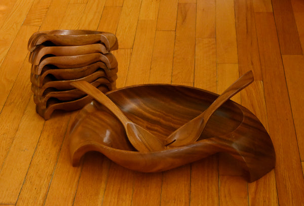 Vintage Hand Carved Monkey Pod Wood Salad Bowl Set