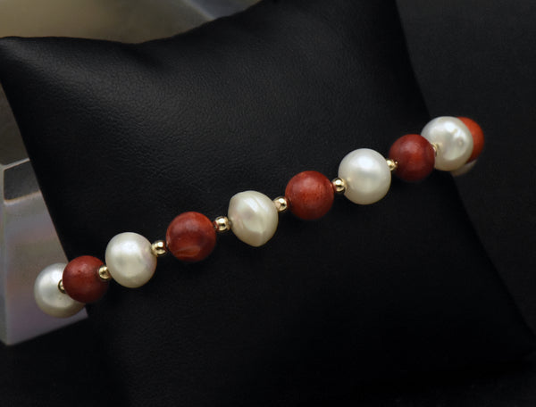 Vintage 14K Gold Red Coral and Cultured Pearl Bracelet