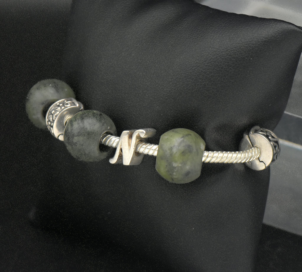 Vintage Sterling Silver and Nephrite Beads "N" Initial Bracelet - 7.25"