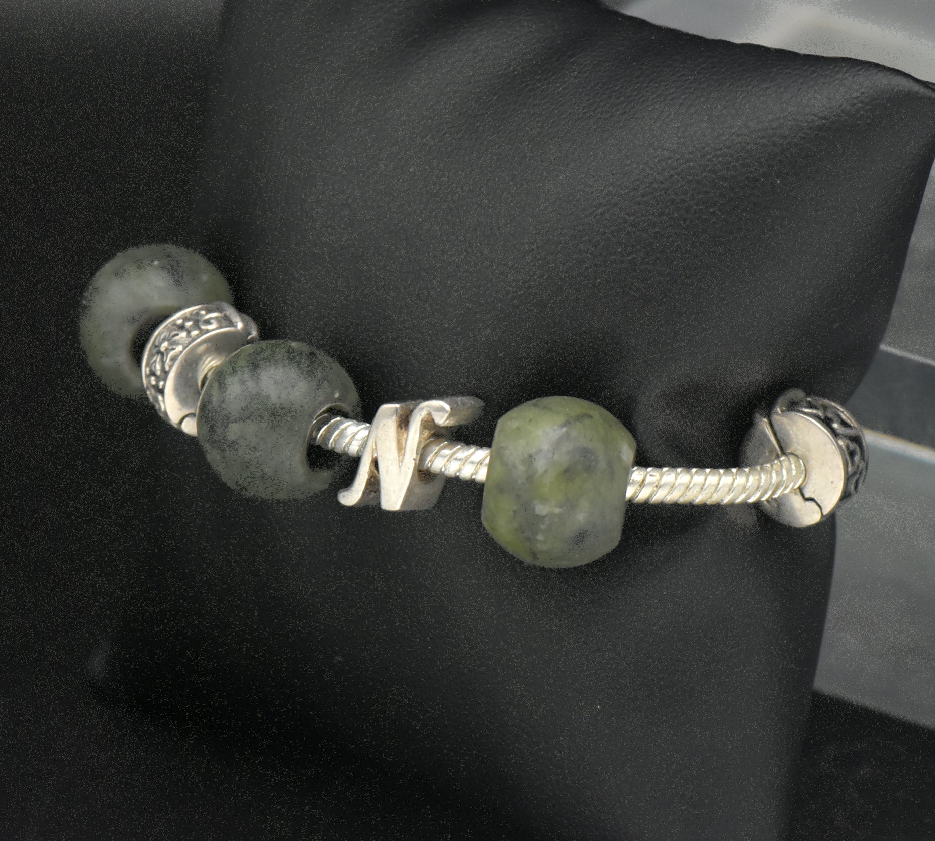 Vintage Sterling Silver and Nephrite Beads "N" Initial Bracelet - 7.25"