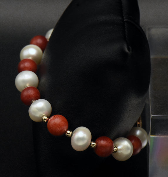 Vintage 14K Gold Red Coral and Cultured Pearl Bracelet