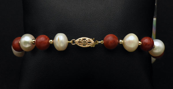 Vintage 14K Gold Red Coral and Cultured Pearl Bracelet