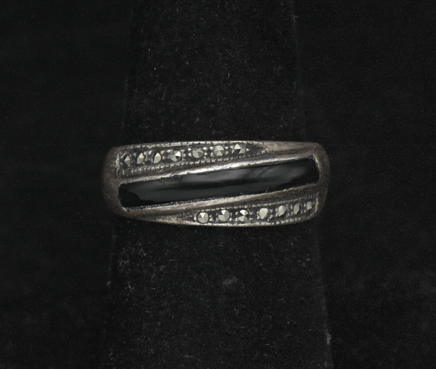 Vintage Sterling Silver Black Onyx and Marcasite Band - Size 6.75