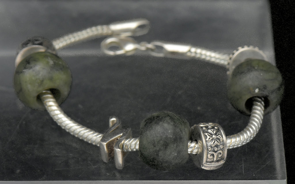 Vintage Sterling Silver and Nephrite Beads "N" Initial Bracelet - 7.25"