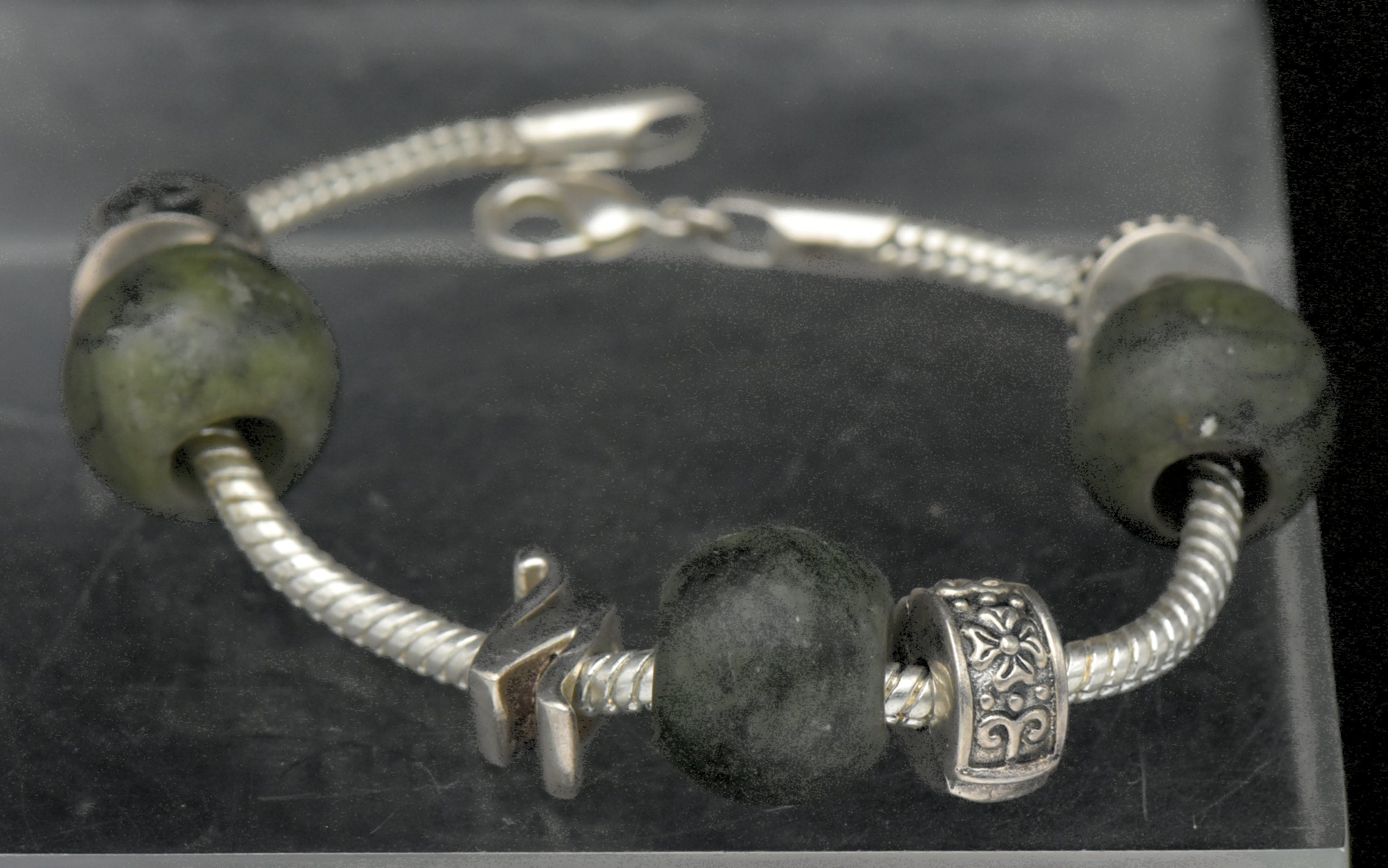 Vintage Sterling Silver and Nephrite Beads "N" Initial Bracelet - 7.25"