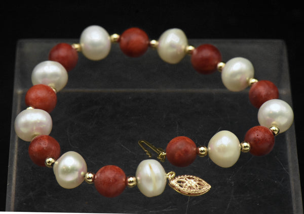 Vintage 14K Gold Red Coral and Cultured Pearl Bracelet