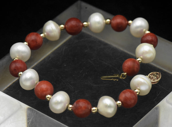 Vintage 14K Gold Red Coral and Cultured Pearl Bracelet