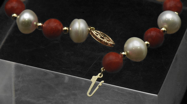 Vintage 14K Gold Red Coral and Cultured Pearl Bracelet