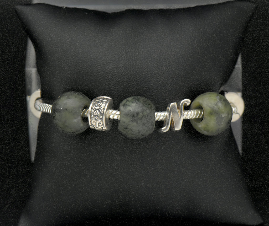 Vintage Sterling Silver and Nephrite Beads "N" Initial Bracelet - 7.25"
