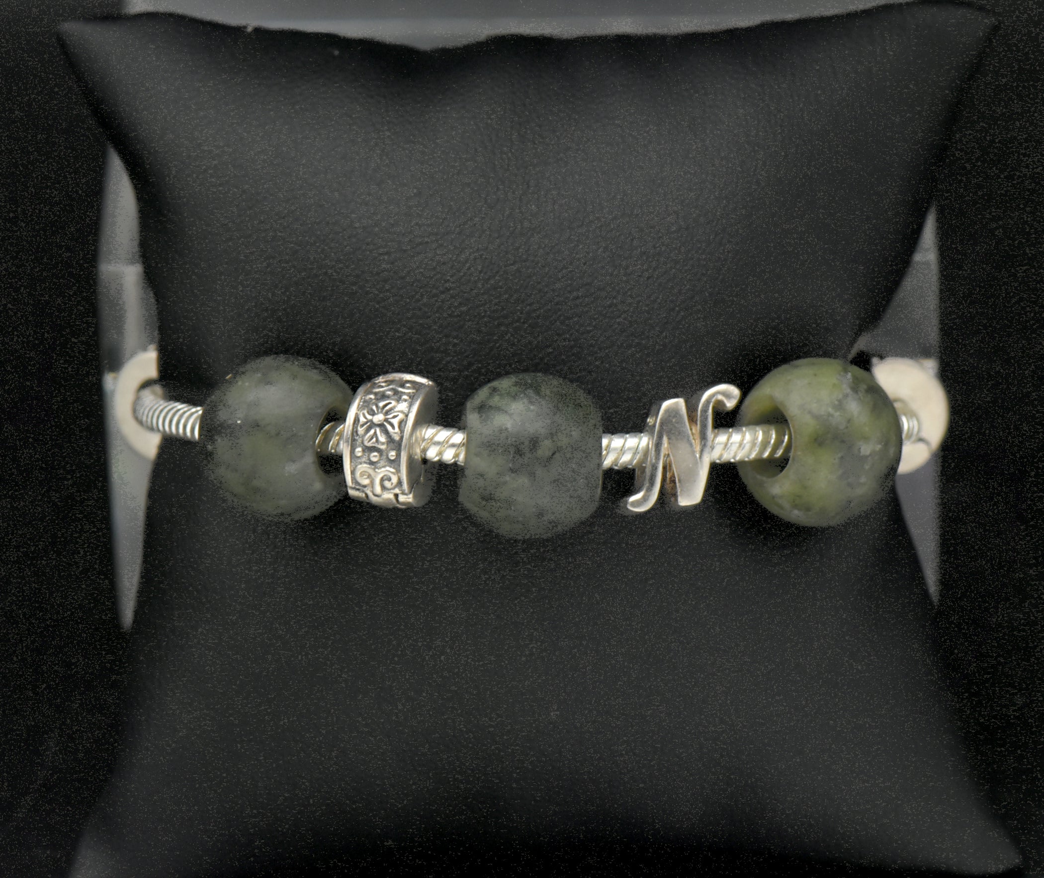 Vintage Sterling Silver and Nephrite Beads "N" Initial Bracelet - 7.25"